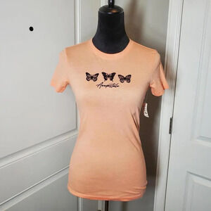 NWT Aeropostale Women's Small Peach Orange Velvet Butterfly Classic Crew T-Shirt